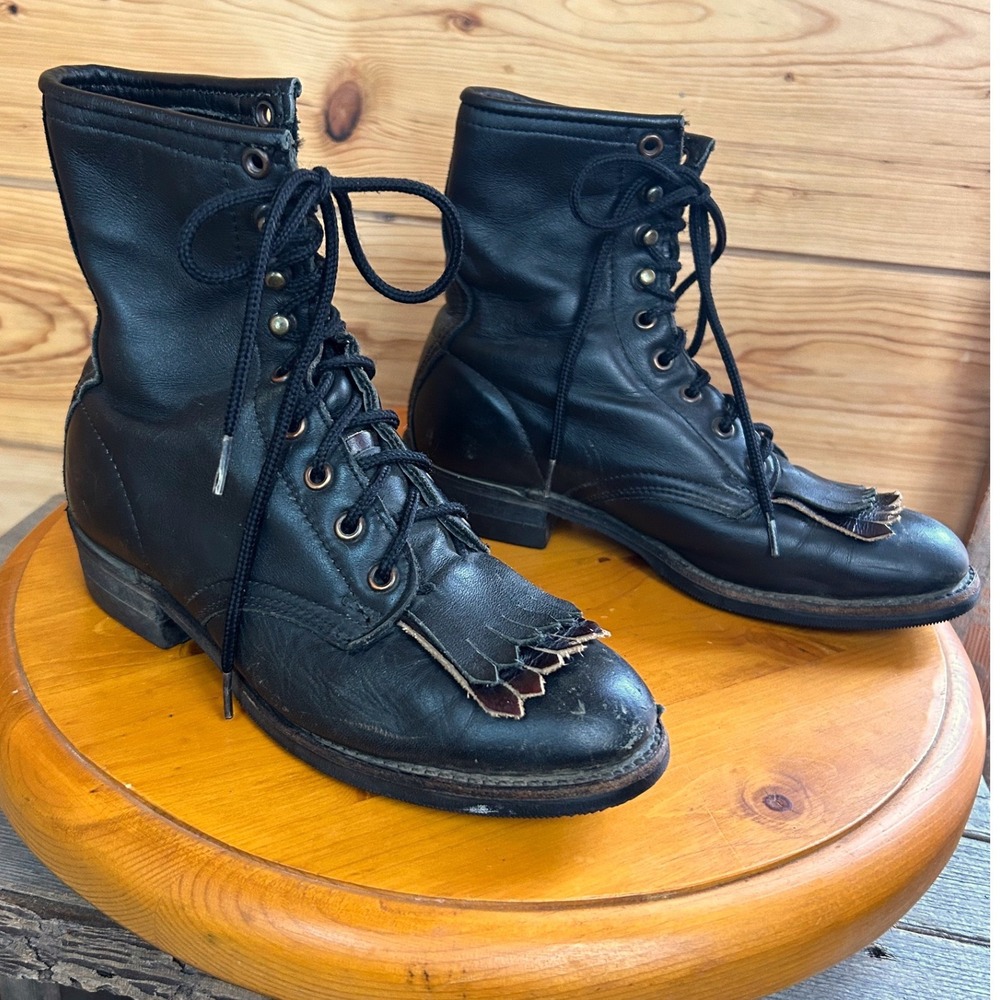 Vintage Brahma Canada West Black Leather Kiltie Lace Up Boots Vibram Sole Mens